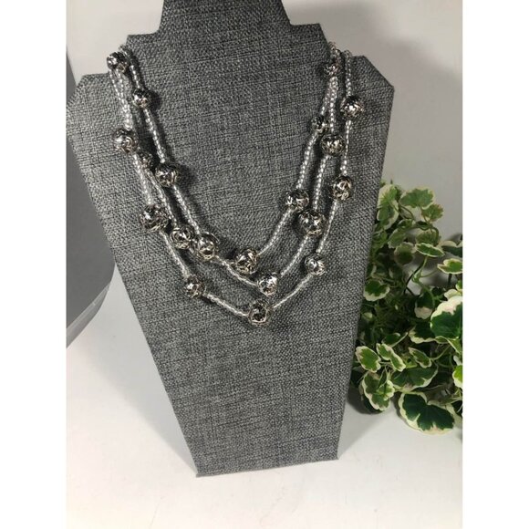 Cookie Lee Multi Strand Necklace Silver Tone Filigree Balls Clear Glass Beads - Picture 2 of 6